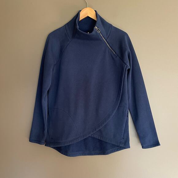 ATHLETA Cozy Karma Asym Pullover Blue Sz Small Long Sleeve Mock Neck Sweatshirt - Picture 3 of 14